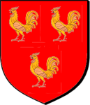 Coat of 
arms, three gold roosters on red