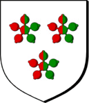 Coat of arms, green and red flowers on white