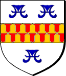 Coat 
of arms, three blue water buckets with red and gold pattern