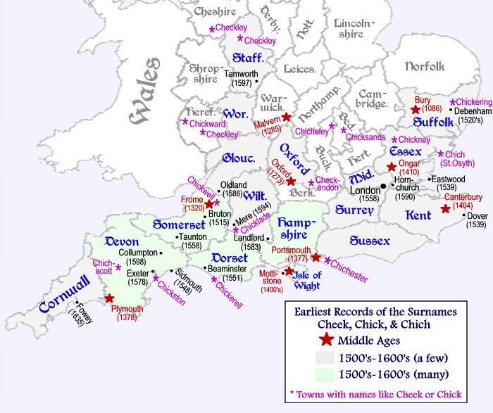 map of the Cheek & Chick surname in England