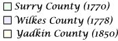 Surry County formed 1770, Wilkes County formed 1778, Yadkin County formed 1850
